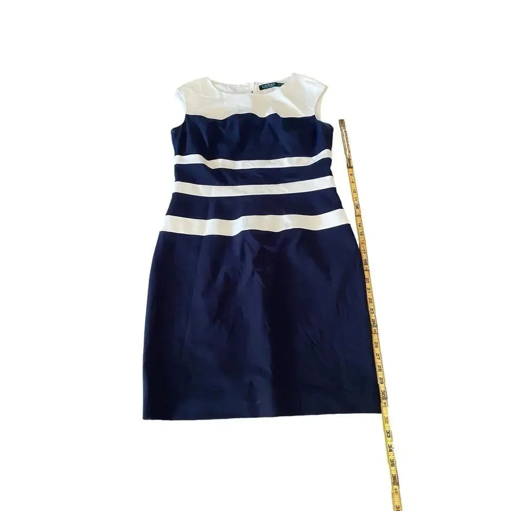 Lauren Ralph Women's White & Blue Striped Sleeveless A-Line Dress Size 14